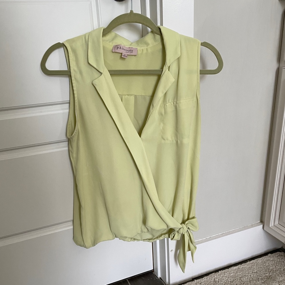 Philosophy no sleeve blouse with snap closure and tie at waist